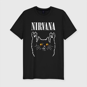Мужская футболка хлопок Slim с принтом Nirvana rock cat в Санкт-Петербурге, 92% хлопок, 8% лайкра | приталенный силуэт, круглый вырез ворота, длина до линии бедра, короткий рукав | 