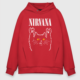 Мужское худи Oversize хлопок с принтом Nirvana rock cat в Курске, френч-терри — 70% хлопок, 30% полиэстер. Мягкий теплый начес внутри —100% хлопок | боковые карманы, эластичные манжеты и нижняя кромка, капюшон на магнитной кнопке | 