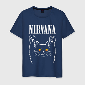 Мужская футболка хлопок с принтом Nirvana rock cat в Екатеринбурге, 100% хлопок | прямой крой, круглый вырез горловины, длина до линии бедер, слегка спущенное плечо. | 