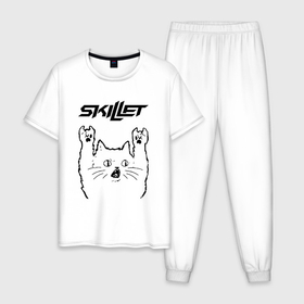Мужская пижама хлопок с принтом Skillet   rock cat в Санкт-Петербурге, 100% хлопок | брюки и футболка прямого кроя, без карманов, на брюках мягкая резинка на поясе и по низу штанин
 | Тематика изображения на принте: 