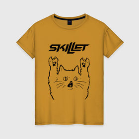 Женская футболка хлопок с принтом Skillet   rock cat в Екатеринбурге, 100% хлопок | прямой крой, круглый вырез горловины, длина до линии бедер, слегка спущенное плечо | 