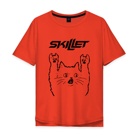 Мужская футболка хлопок Oversize с принтом Skillet   rock cat в Петрозаводске, 100% хлопок | свободный крой, круглый ворот, “спинка” длиннее передней части | 