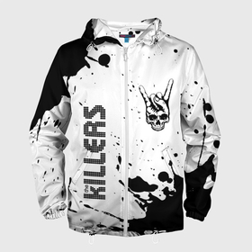 Мужская ветровка 3D с принтом The Killers и рок символ на светлом фоне в Кировске, 100% полиэстер | подол и капюшон оформлены резинкой с фиксаторами, два кармана без застежек по бокам, один потайной карман на груди | 