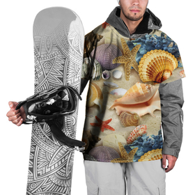 Накидка на куртку 3D с принтом Морские раковины, кораллы, морские звёзды на песке   паттерн , 100% полиэстер |  | 