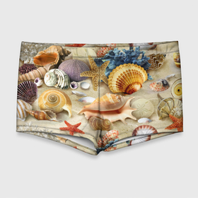 Мужские купальные плавки 3D с принтом Морские раковины, кораллы, морские звёзды на песке   паттерн , Полиэстер 85%, Спандекс 15% |  | 