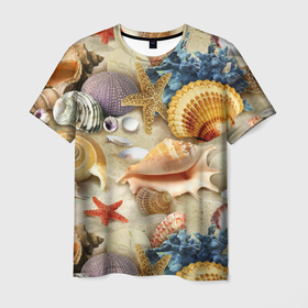 Мужская футболка 3D с принтом Морские раковины, кораллы, морские звёзды на песке   паттерн в Курске, 100% полиэфир | прямой крой, круглый вырез горловины, длина до линии бедер | 