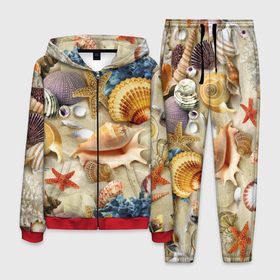 Мужской костюм 3D с принтом Морские раковины, кораллы, морские звёзды на песке   паттерн в Кировске, 100% полиэстер | Манжеты и пояс оформлены тканевой резинкой, двухслойный капюшон со шнурком для регулировки, карманы спереди | 