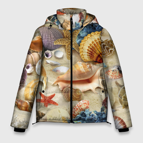 Мужская зимняя куртка 3D с принтом Морские раковины, кораллы, морские звёзды на песке   паттерн в Новосибирске, верх — 100% полиэстер; подкладка — 100% полиэстер; утеплитель — 100% полиэстер | длина ниже бедра, свободный силуэт Оверсайз. Есть воротник-стойка, отстегивающийся капюшон и ветрозащитная планка. 

Боковые карманы с листочкой на кнопках и внутренний карман на молнии. | 