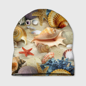 Шапка 3D с принтом Морские раковины, кораллы, морские звёзды на песке   паттерн в Екатеринбурге, 100% полиэстер | универсальный размер, печать по всей поверхности изделия | 