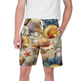 Мужские шорты 3D с принтом Морские раковины, кораллы, морские звёзды на песке   паттерн в Новосибирске,  полиэстер 100% | прямой крой, два кармана без застежек по бокам. Мягкая трикотажная резинка на поясе, внутри которой широкие завязки. Длина чуть выше колен | 