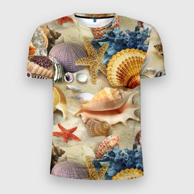 Мужская футболка 3D Slim с принтом Морские раковины, кораллы, морские звёзды на песке   паттерн в Санкт-Петербурге, 100% полиэстер с улучшенными характеристиками | приталенный силуэт, круглая горловина, широкие плечи, сужается к линии бедра | 