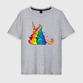 Мужская футболка хлопок Oversize с принтом Разноцветная кака единорог довольна в Белгороде, 100% хлопок | свободный крой, круглый ворот, “спинка” длиннее передней части | 