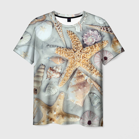 Мужская футболка 3D с принтом Морские звёзды и ракушки на океанском песке в Новосибирске, 100% полиэфир | прямой крой, круглый вырез горловины, длина до линии бедер | 
