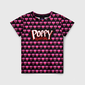 Детская футболка 3D с принтом Poppy Playtime   Kissy Missy Pattern   Huggy Wuggy в Новосибирске, 100% гипоаллергенный полиэфир | прямой крой, круглый вырез горловины, длина до линии бедер, чуть спущенное плечо, ткань немного тянется | 