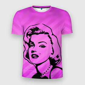 Мужская футболка 3D Slim с принтом Marilyn Monroe на розовом фоне в Тюмени, 100% полиэстер с улучшенными характеристиками | приталенный силуэт, круглая горловина, широкие плечи, сужается к линии бедра | Тематика изображения на принте: 