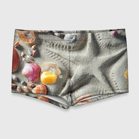 Мужские купальные плавки 3D с принтом Звезда из песка, ракушки и две жемчужины , Полиэстер 85%, Спандекс 15% |  | 