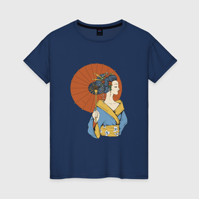 Женская футболка хлопок с принтом Гейша с зонтиком в Кировске, 100% хлопок | прямой крой, круглый вырез горловины, длина до линии бедер, слегка спущенное плечо | 