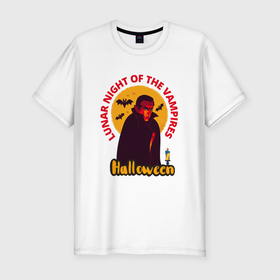 Мужская футболка хлопок Slim с принтом Вампир в лунную ночь halloween в Кировске, 92% хлопок, 8% лайкра | приталенный силуэт, круглый вырез ворота, длина до линии бедра, короткий рукав | 