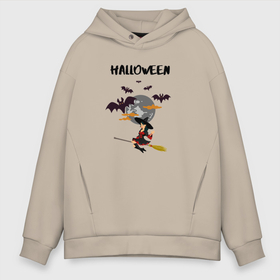 Мужское худи Oversize хлопок с принтом Ведьма в лунную ночь хэллоуина halloween в Тюмени, френч-терри — 70% хлопок, 30% полиэстер. Мягкий теплый начес внутри —100% хлопок | боковые карманы, эластичные манжеты и нижняя кромка, капюшон на магнитной кнопке | Тематика изображения на принте: 