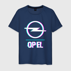 Мужская футболка хлопок с принтом Значок Opel в стиле glitch в Екатеринбурге, 100% хлопок | прямой крой, круглый вырез горловины, длина до линии бедер, слегка спущенное плечо. | 