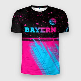 Мужская футболка 3D Slim с принтом Bayern   neon gradient: символ сверху в Тюмени, 100% полиэстер с улучшенными характеристиками | приталенный силуэт, круглая горловина, широкие плечи, сужается к линии бедра | 