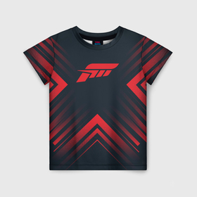 Детская футболка 3D с принтом Красный символ Forza Horizon на темном фоне со стрелками в Кировске, 100% гипоаллергенный полиэфир | прямой крой, круглый вырез горловины, длина до линии бедер, чуть спущенное плечо, ткань немного тянется | 