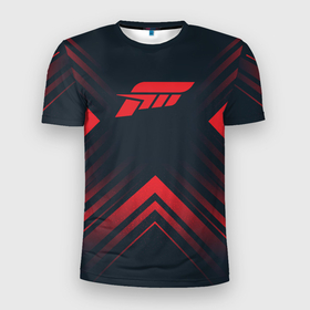 Мужская футболка 3D Slim с принтом Красный символ Forza Horizon на темном фоне со стрелками в Новосибирске, 100% полиэстер с улучшенными характеристиками | приталенный силуэт, круглая горловина, широкие плечи, сужается к линии бедра | 