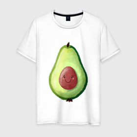 Мужская футболка хлопок с принтом Веселый авокадо говорит привет в Курске, 100% хлопок | прямой крой, круглый вырез горловины, длина до линии бедер, слегка спущенное плечо. | 