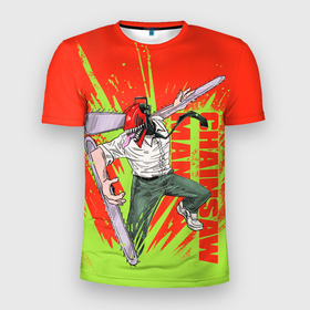 Мужская футболка 3D Slim с принтом Человек бензопила : Дэндзи резня в Санкт-Петербурге, 100% полиэстер с улучшенными характеристиками | приталенный силуэт, круглая горловина, широкие плечи, сужается к линии бедра | 