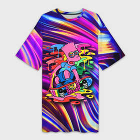 Платье-футболка 3D с принтом Скейтбордист Барт Симпсон на фоне разноцветных клякс ,  |  | 