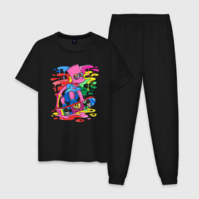Мужская пижама хлопок с принтом Барт Симпсон   крутой скейтер   разноцветные кляксы в Курске, 100% хлопок | брюки и футболка прямого кроя, без карманов, на брюках мягкая резинка на поясе и по низу штанин
 | 