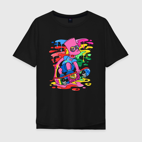 Мужская футболка хлопок Oversize с принтом Барт Симпсон   крутой скейтер   разноцветные кляксы в Кировске, 100% хлопок | свободный крой, круглый ворот, “спинка” длиннее передней части | 