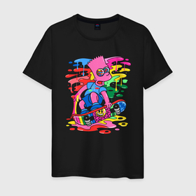 Мужская футболка хлопок с принтом Барт Симпсон   крутой скейтер   разноцветные кляксы , 100% хлопок | прямой крой, круглый вырез горловины, длина до линии бедер, слегка спущенное плечо. | 