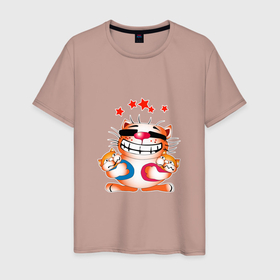 Мужская футболка хлопок с принтом Счастливый отец с котятами в Петрозаводске, 100% хлопок | прямой крой, круглый вырез горловины, длина до линии бедер, слегка спущенное плечо. | 
