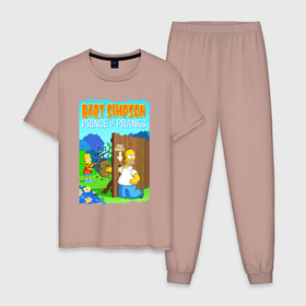 Мужская пижама хлопок с принтом Барт Симпсон дурит своего батю   розыгрыш в Белгороде, 100% хлопок | брюки и футболка прямого кроя, без карманов, на брюках мягкая резинка на поясе и по низу штанин
 | 