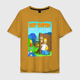 Мужская футболка хлопок Oversize с принтом Барт Симпсон дурит своего батю   розыгрыш в Новосибирске, 100% хлопок | свободный крой, круглый ворот, “спинка” длиннее передней части | 
