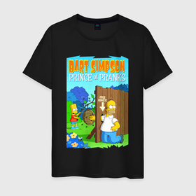 Мужская футболка хлопок с принтом Барт Симпсон дурит своего батю   розыгрыш в Курске, 100% хлопок | прямой крой, круглый вырез горловины, длина до линии бедер, слегка спущенное плечо. | Тематика изображения на принте: 