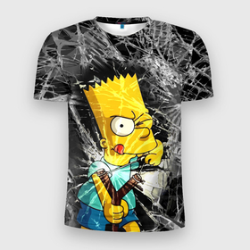 Мужская футболка 3D Slim с принтом Барт Симпсон разбил из рогатки стекло в Петрозаводске, 100% полиэстер с улучшенными характеристиками | приталенный силуэт, круглая горловина, широкие плечи, сужается к линии бедра | 