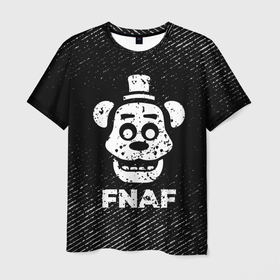 Мужская футболка 3D с принтом FNAF с потертостями на темном фоне в городе Новоалтайск, 100% полиэфир | прямой крой, круглый вырез горловины, длина до линии бедер | 