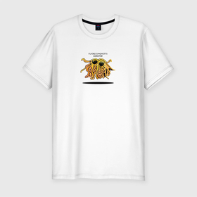 Мужская футболка хлопок Slim с принтом Flying Spaghetti Monster  Макаронный монстр в Тюмени, 92% хлопок, 8% лайкра | приталенный силуэт, круглый вырез ворота, длина до линии бедра, короткий рукав | 