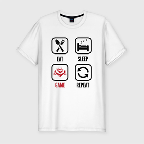 Мужская футболка хлопок Slim с принтом Eat   sleep   Warframe   repeat в Курске, 92% хлопок, 8% лайкра | приталенный силуэт, круглый вырез ворота, длина до линии бедра, короткий рукав | 