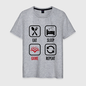Мужская футболка хлопок с принтом Eat   sleep   Warframe   repeat в Тюмени, 100% хлопок | прямой крой, круглый вырез горловины, длина до линии бедер, слегка спущенное плечо. | Тематика изображения на принте: 