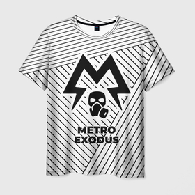 Мужская футболка 3D с принтом Символ Metro Exodus на светлом фоне с полосами в Курске, 100% полиэфир | прямой крой, круглый вырез горловины, длина до линии бедер | 