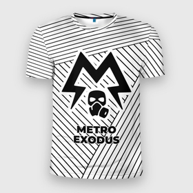 Мужская футболка 3D Slim с принтом Символ Metro Exodus на светлом фоне с полосами в Петрозаводске, 100% полиэстер с улучшенными характеристиками | приталенный силуэт, круглая горловина, широкие плечи, сужается к линии бедра | 