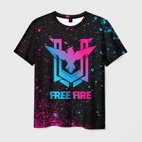 Мужская футболка 3D с принтом Free Fire   neon gradient в Кировске, 100% полиэфир | прямой крой, круглый вырез горловины, длина до линии бедер | Тематика изображения на принте: 