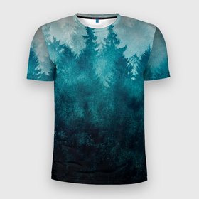 Мужская футболка 3D Slim с принтом Темный хвойный лес в Белгороде, 100% полиэстер с улучшенными характеристиками | приталенный силуэт, круглая горловина, широкие плечи, сужается к линии бедра | 