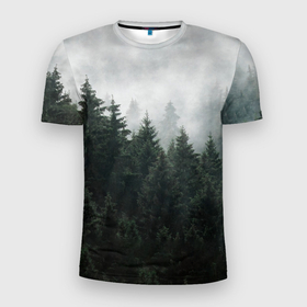 Мужская футболка 3D Slim с принтом Туманный хвойный лес в Тюмени, 100% полиэстер с улучшенными характеристиками | приталенный силуэт, круглая горловина, широкие плечи, сужается к линии бедра | Тематика изображения на принте: 