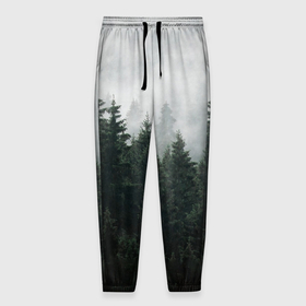 Мужские брюки 3D с принтом Туманный хвойный лес в Петрозаводске, 100% полиэстер | манжеты по низу, эластичный пояс регулируется шнурком, по бокам два кармана без застежек, внутренняя часть кармана из мелкой сетки | Тематика изображения на принте: 