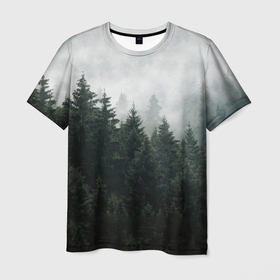 Мужская футболка 3D с принтом Туманный хвойный лес в Тюмени, 100% полиэфир | прямой крой, круглый вырез горловины, длина до линии бедер | Тематика изображения на принте: 