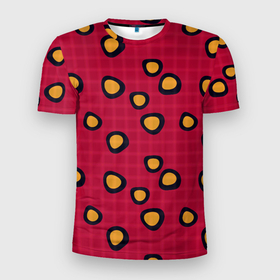 Мужская футболка 3D Slim с принтом Черно желтые пятна на красном клетчатом фоне в Кировске, 100% полиэстер с улучшенными характеристиками | приталенный силуэт, круглая горловина, широкие плечи, сужается к линии бедра | 